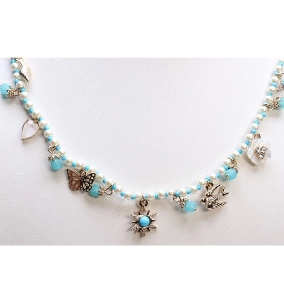 NWT MARCHESA NATURE THEME CHARM NECKLACE WITH PEARLY WHITE AND BLUE BEADS - Picture 2 of 6